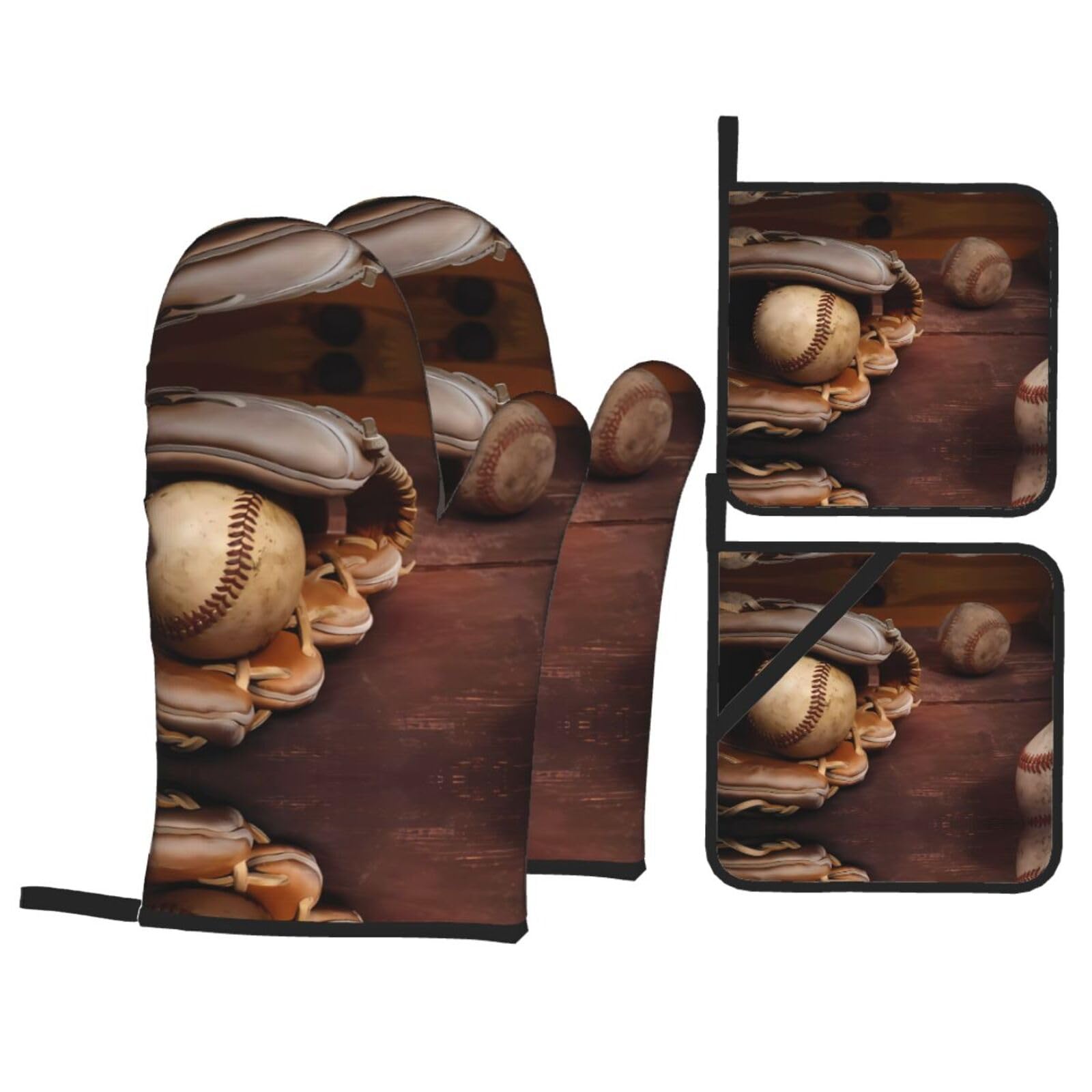 WHJSHOP Retro Baseball Prints Kitchen Baking Throw Set with Heat Resistance, Waterproof Oven Mitts & Pot Holders for Cooking, Grilling & Handling Hot Dishes