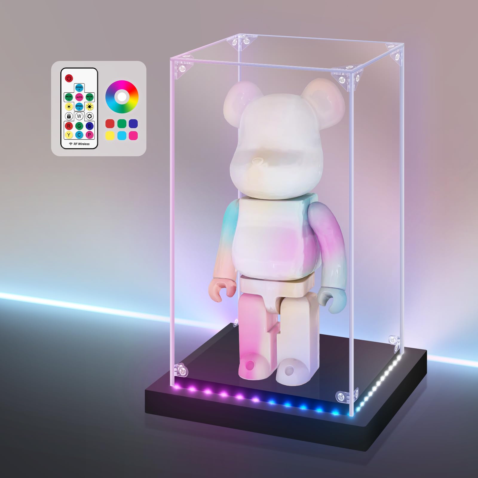 Huijintao Colorful Light Acrylic Display Case With Rgbw Color Changing Led Light, Clear Display Box For Memoribilia Action Figures, Self-Assembly Dustproof Showcase With Black Base, 5.9X5.9x11.8inch