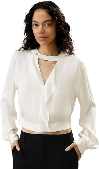 LilySilk Womens Pure Silk Shirt Ladies 22MM Mulberry Silk Blouse with Crewneck and Triangular Cut in The Front