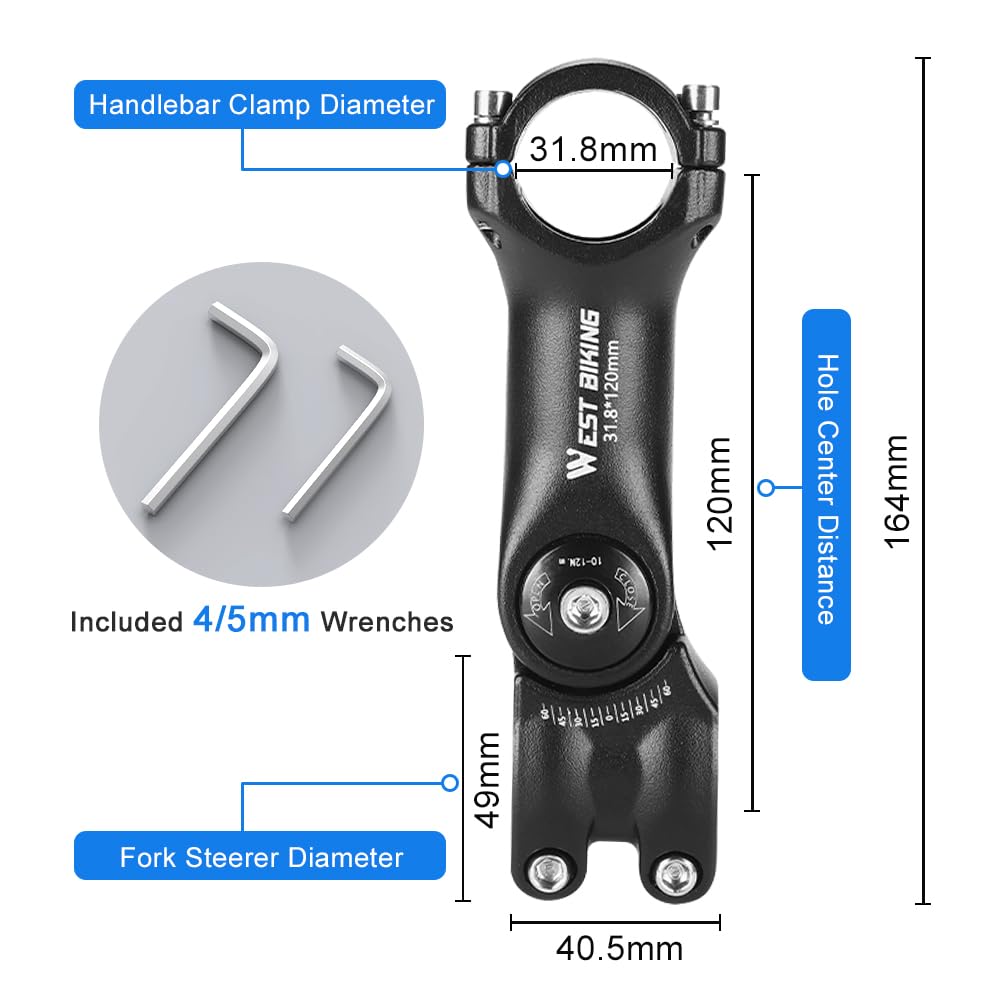 Potence de Vélo Réglable – Potence en Aluminium pour VTT, Vélo de Route & Vélo Électrique, Angle ±60°, Solide & Résistante aux Intempéries, avec Clés Allen