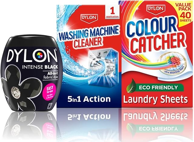 Dylon Laundry Essentials Pack. Contains: 1 x Black Fabric Dye Pod, 40 x Colour Catcher Laundry Sheets, 1 x Washing Machine Cleaner.