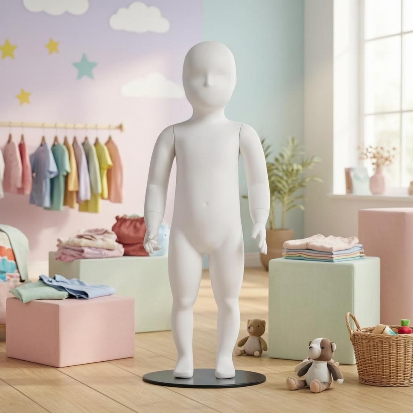 Kinder Schaufensterpuppe Ganzkörper Mannequin Kinderpuppe Schaukörper Torso mit Basis aus FRP Und Glas für Stabile , Weiß , QT-1-6 Kindermodell Stehend, Mit Sockel