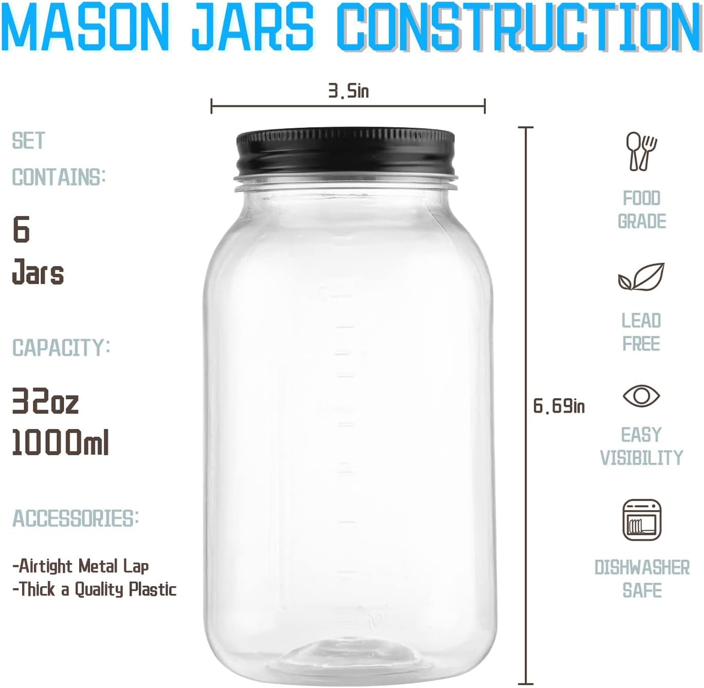 novelinks 32 oz clear plastic jars with lids, 6 pack large plastic mason jars with lids 32oz, reusable quart containers for kitchen organization (6 pack,black)