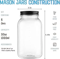 Vista 2 de novelinks Tarros de plástico transparente de 32 onzas con tapas, paquete de 6 tarros grandes de plástico con tapas de 32 onzas, recipientes