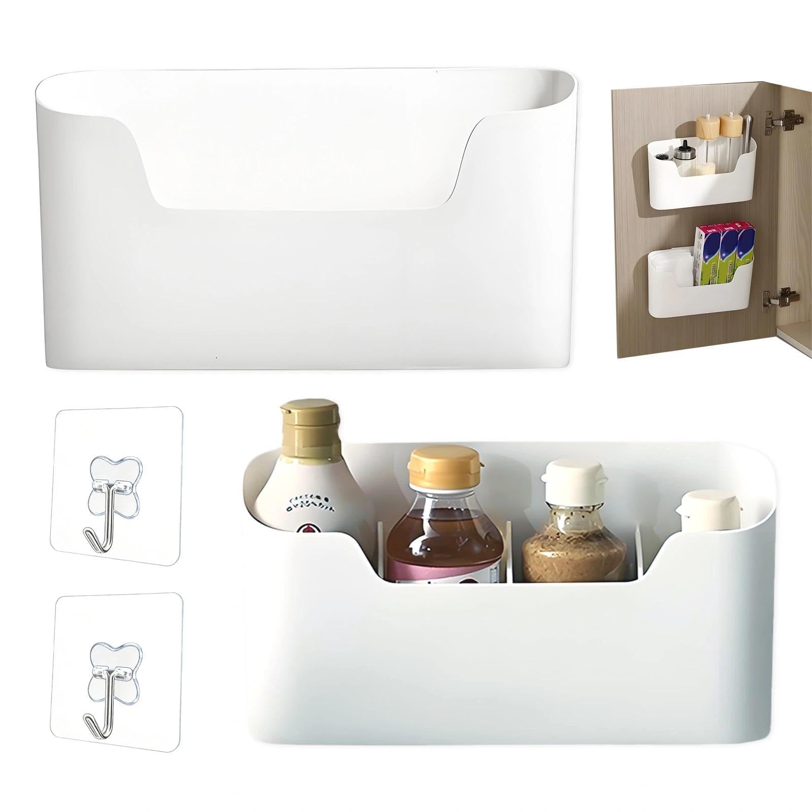 YSHODGU 2 Pcs Wall Mounted Storage Boxes, Kitchen Cabinet Door Storage Boxes, Self-Adhesive Without Drilling, With Hooks, For Kitchen/Office/Practical Facilities
