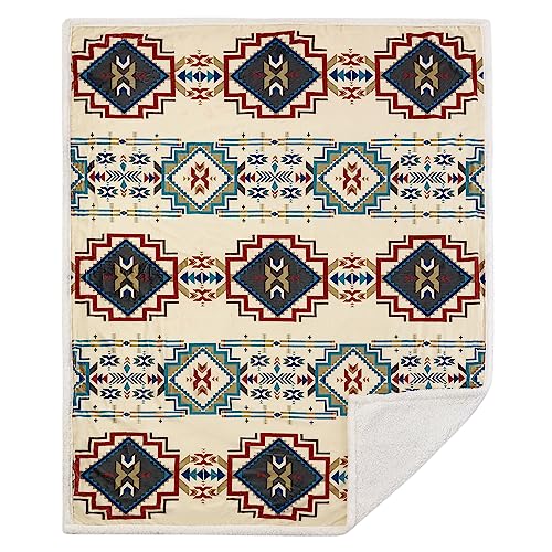 Image of Indigo Hill by HiEnd Accents Spirit Valley Aztec Sherpa Throw Blankets, Tribal Navajo Print Western Blanket for Camping Outdoor, Southwestern Sherpa Fleece Blanket for Couch, Sofa, Bed, 54x68 inch