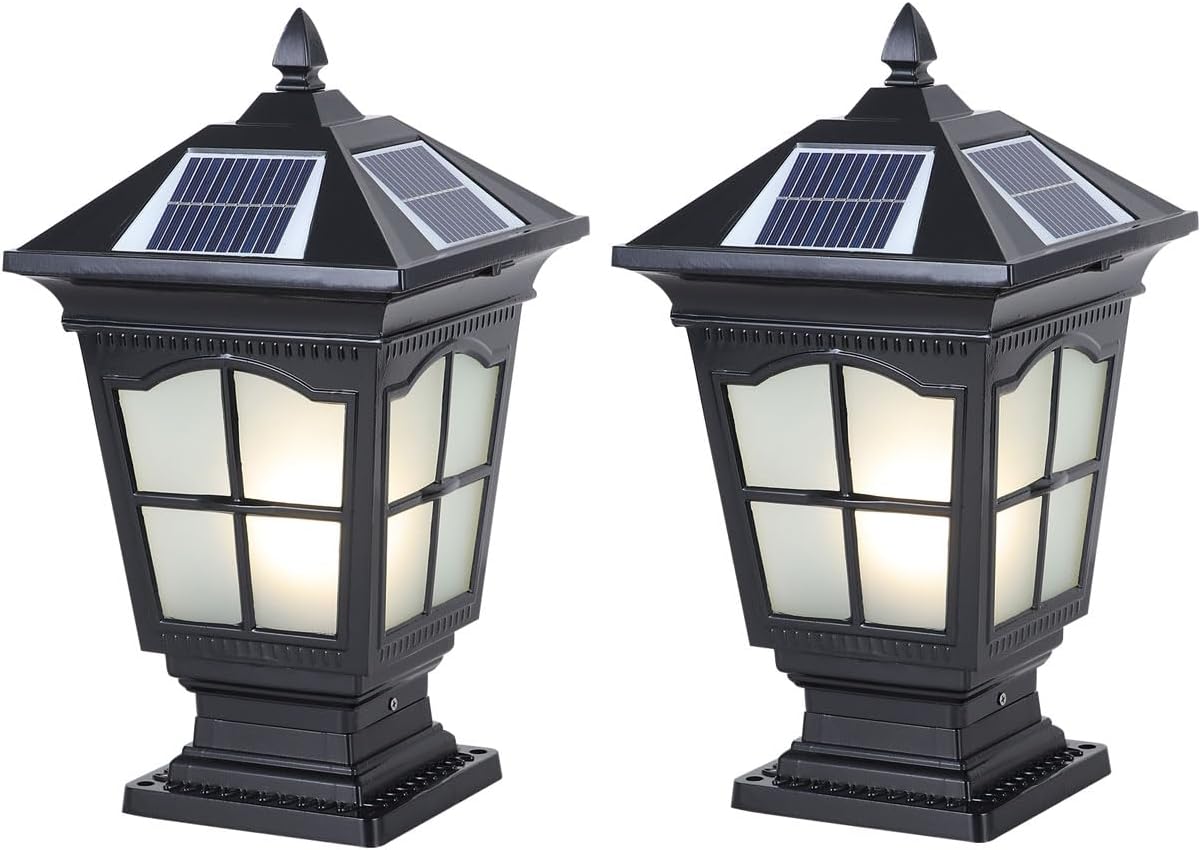 Solar Post Lights IP65 Waterproof Solar Outdoor Column Lights Die-Casting Aluminum Outdoor Post Lights Fixture with Remote Control Tricolor Dimming