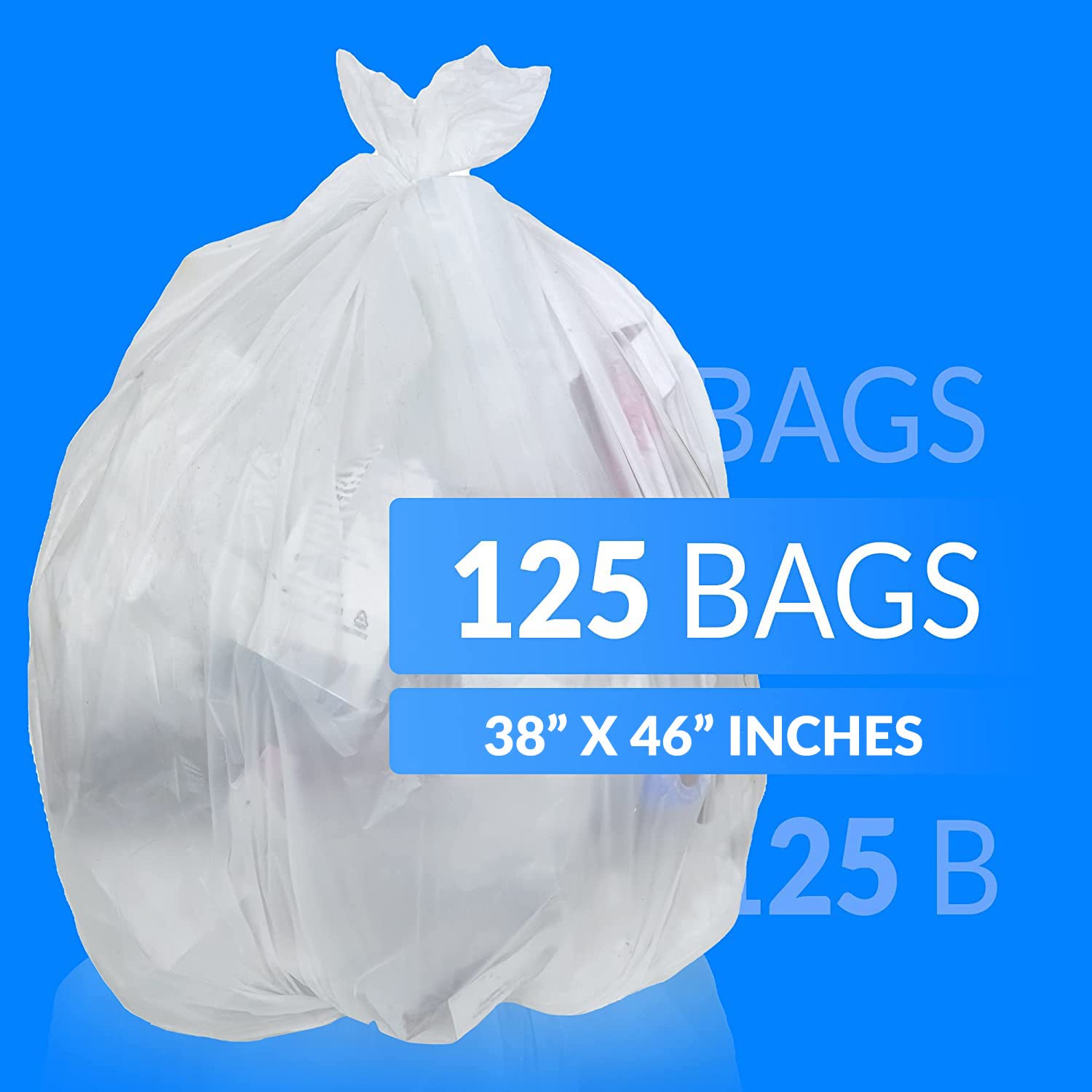 Reli. SuperValue 40-45 Gallon Trash Bags | 125 Count | Made in USA | Large Clear Garbage Bags | 40 Gallon - 42 Gallon - 44 Gallon - 45 Gallon | Trash Bag Can Liners 40-45 Gal Capacity | White
