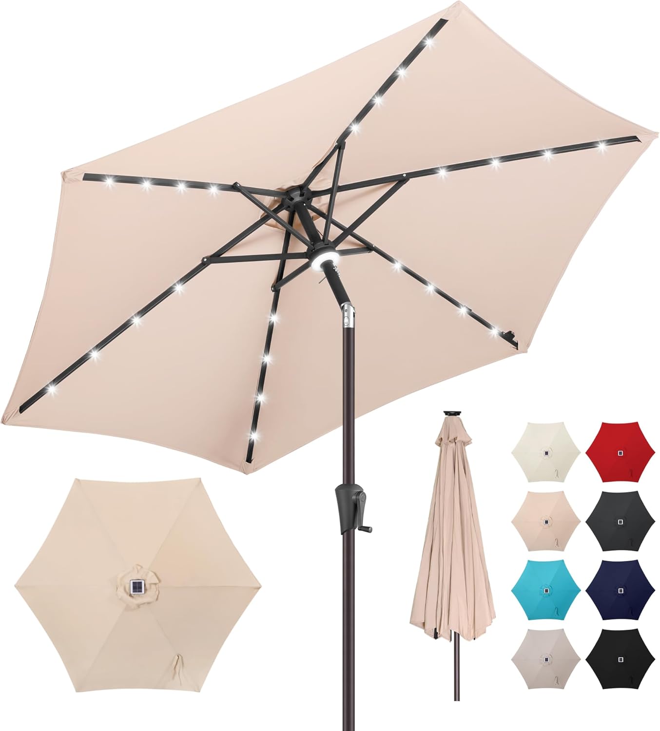7.5ft Solar Umbrella Outdoor - Lighted Patio Umbrella with 24 LED Lights Waterprool Uv Protection, Table Umbrella with Tilt & Crank for Pool, Porch, Garden, Deck, Backyard(Beige)