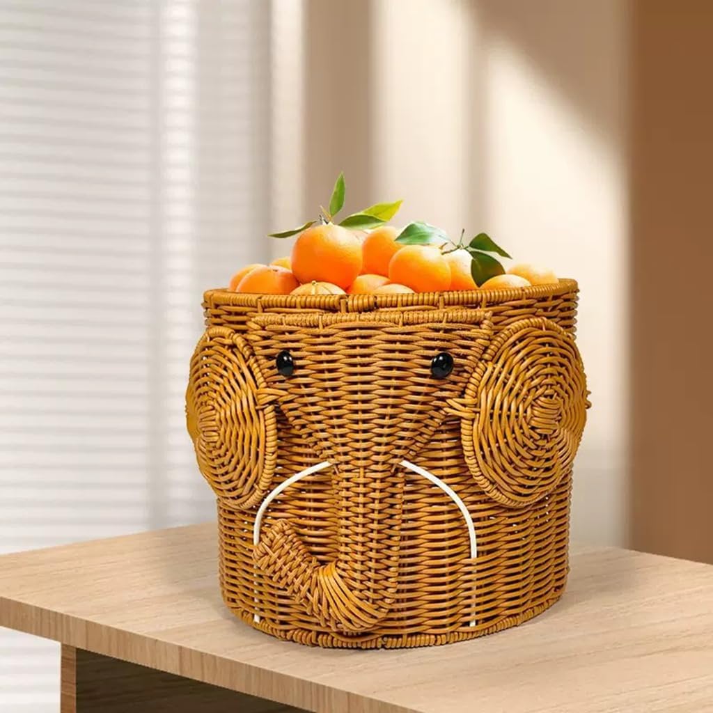 Elephant Shaped Wicker Storage Basket with Lid, Rattan Woven Decorative Organizer, 9.84x9.84 Inch, Boho Style