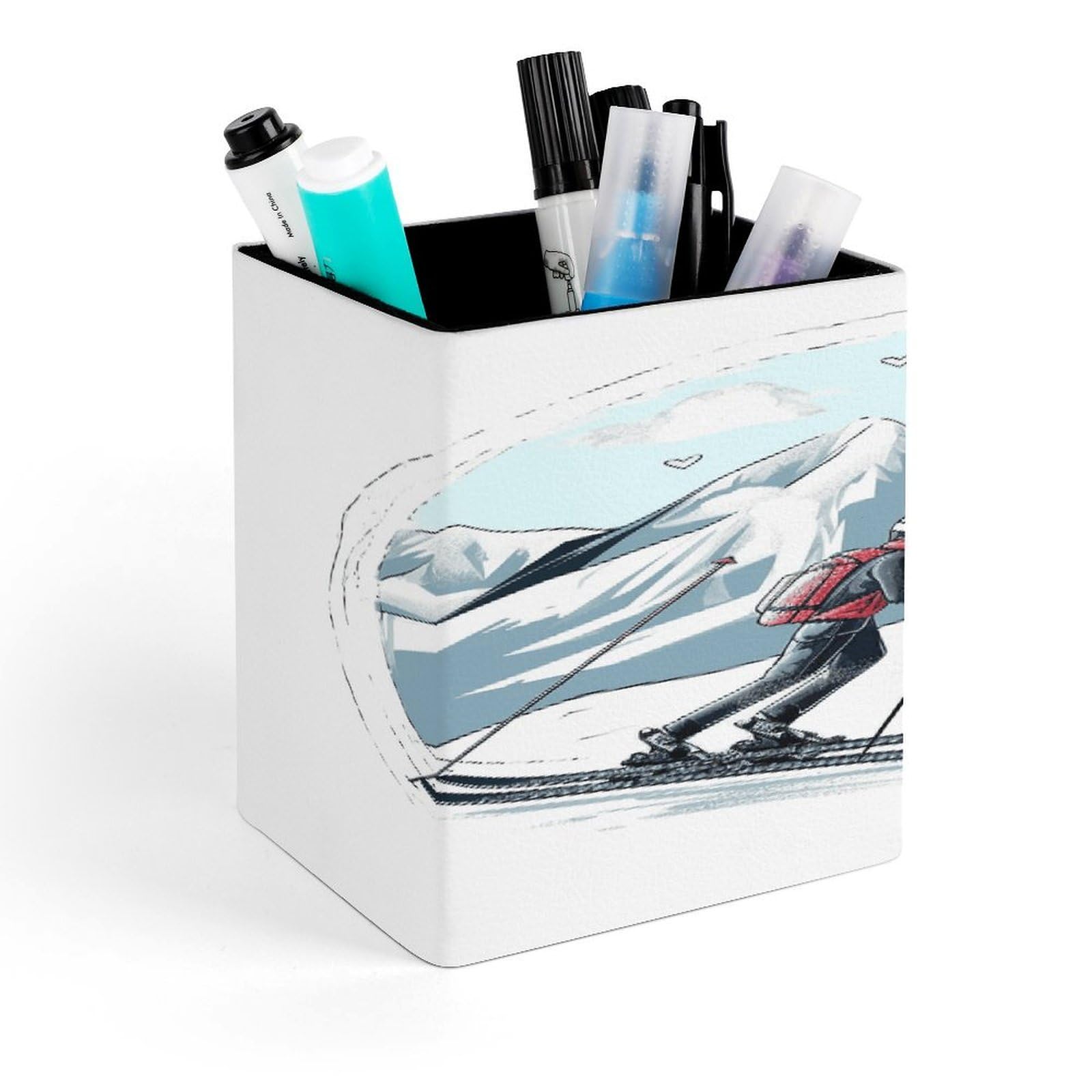 FekiLoot Skiing Theme Pen Holder for Desk Minimalist Leather Pencil Holder Fashion Modern Pencil Cup Decorative Square Pen Cup Locker Organizer for Office Work Locker Accessories