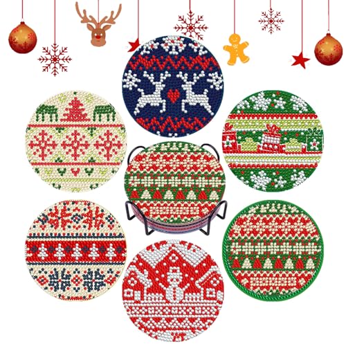 DOTSOPS Christmas Diamond Art Coasters with Holder 6 Pcs Diamond Painting Kits for Adults Beginners Diamond Craft Gem Art Dots Halloween Birthday