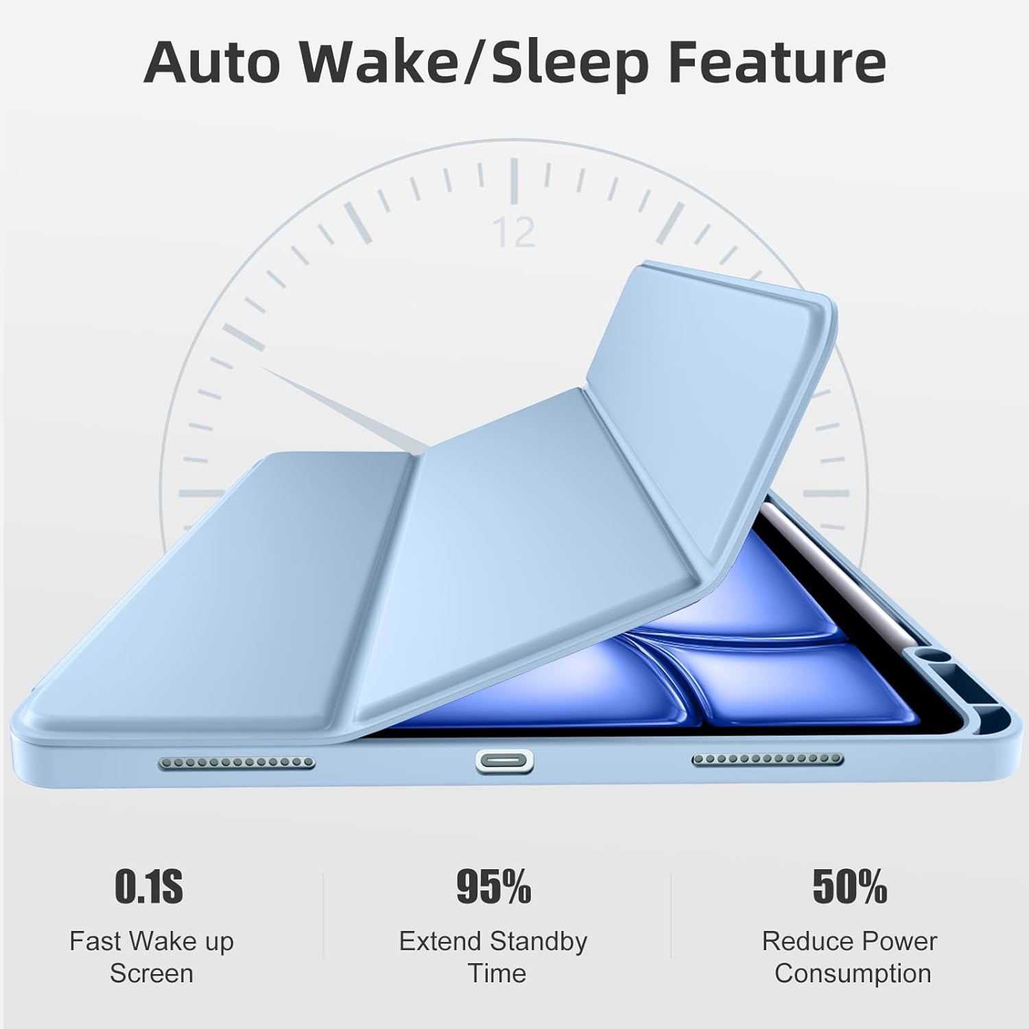 Akkerds Compatible for iPad Air 13 Inch Case (M3/M2) 2025/2024 with Pencil Holder, Trifold Stand Protective Cover/Soft TPU Back for iPad Air 13 Case, Supports Touch ID, Auto Wake/Sleep, Sky Blue - Image 7