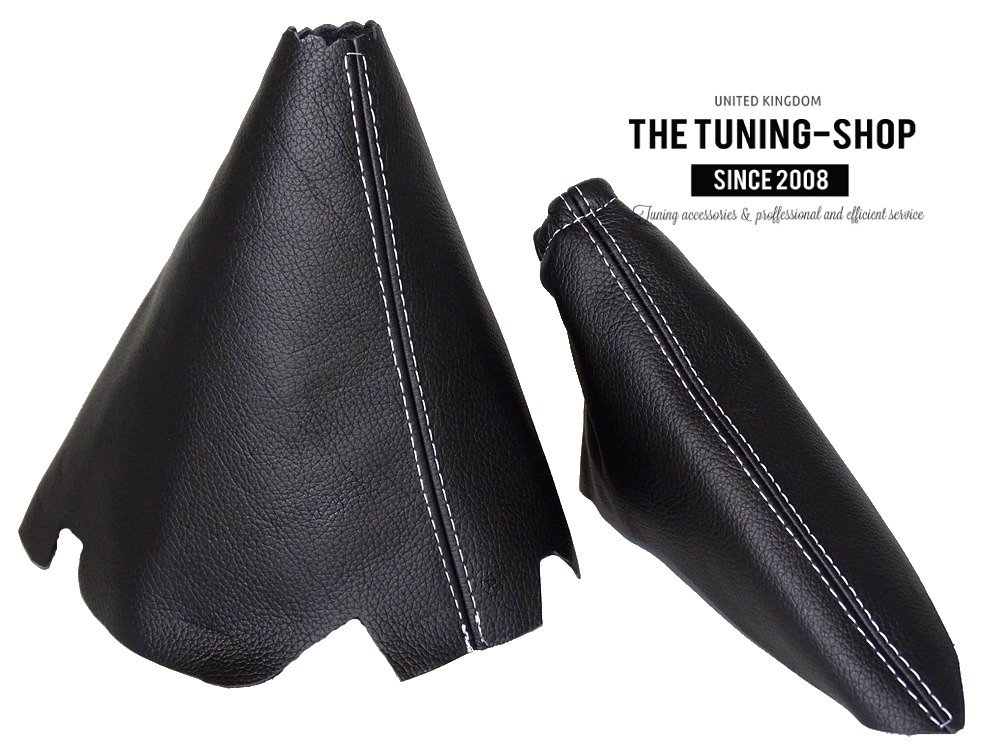 The Tuning-Shop for Mazda 6 2002-07 Manual Shift & E Brake Boot Black Genuine Leather White Stitching