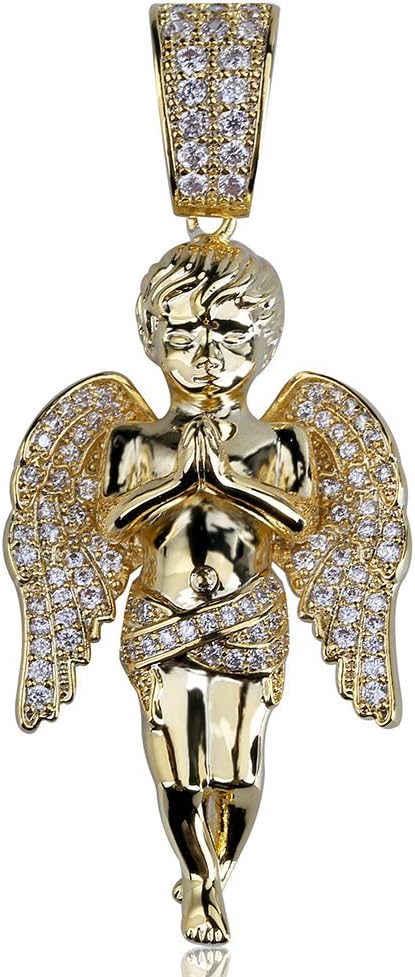 Punk Iced Out Necklace for Men - Hip HopHands Clasped in Prayer Angel Pendant - Copper Plated 18K Gold Micro Inlaid Zircon with 24in Rope Chain