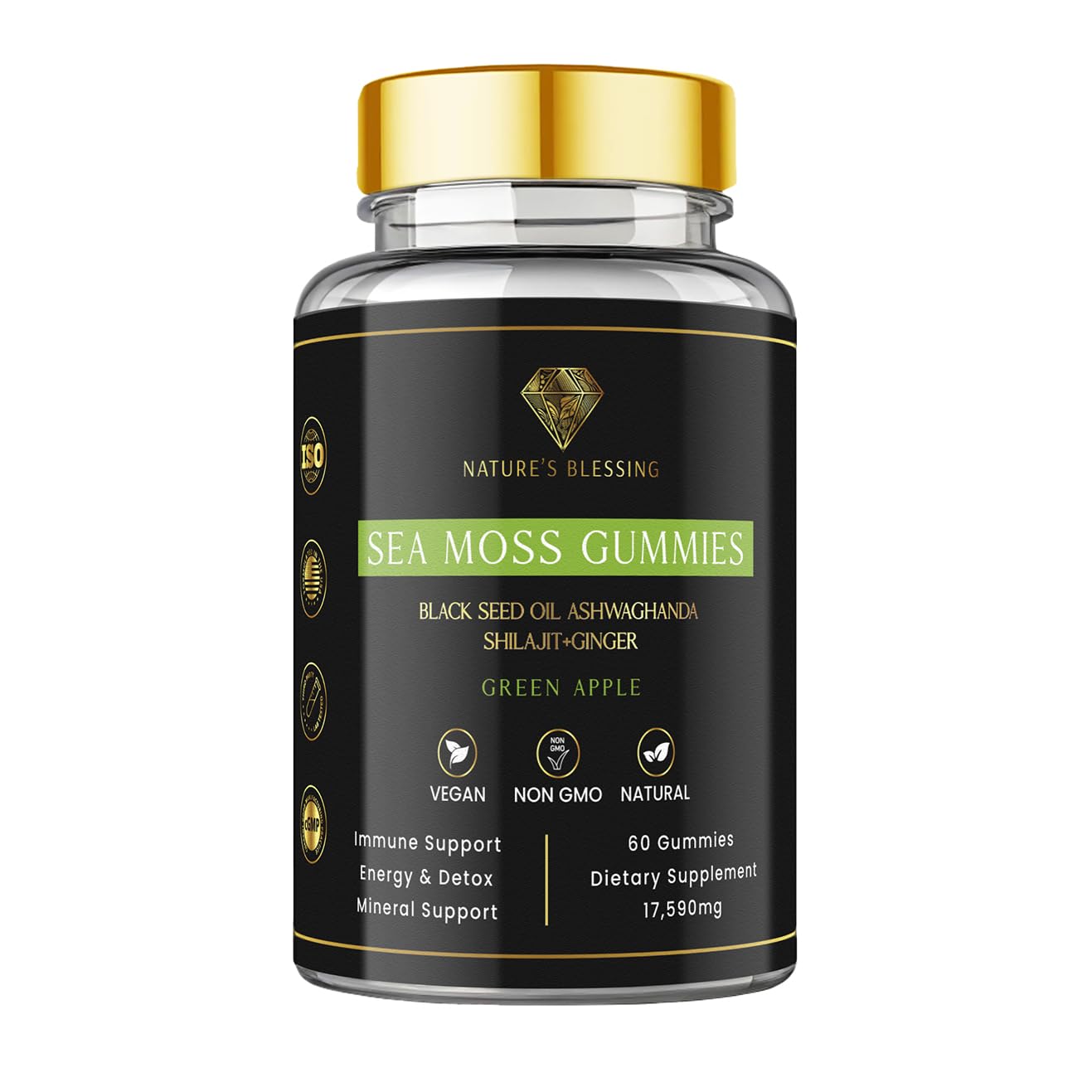 Sea Moss Gummies with Shilajit, Ashwagandha, Black Seed & Bladderwrack – 17,590mg Total Blend – Vegan, Non-GMO, Natural 
