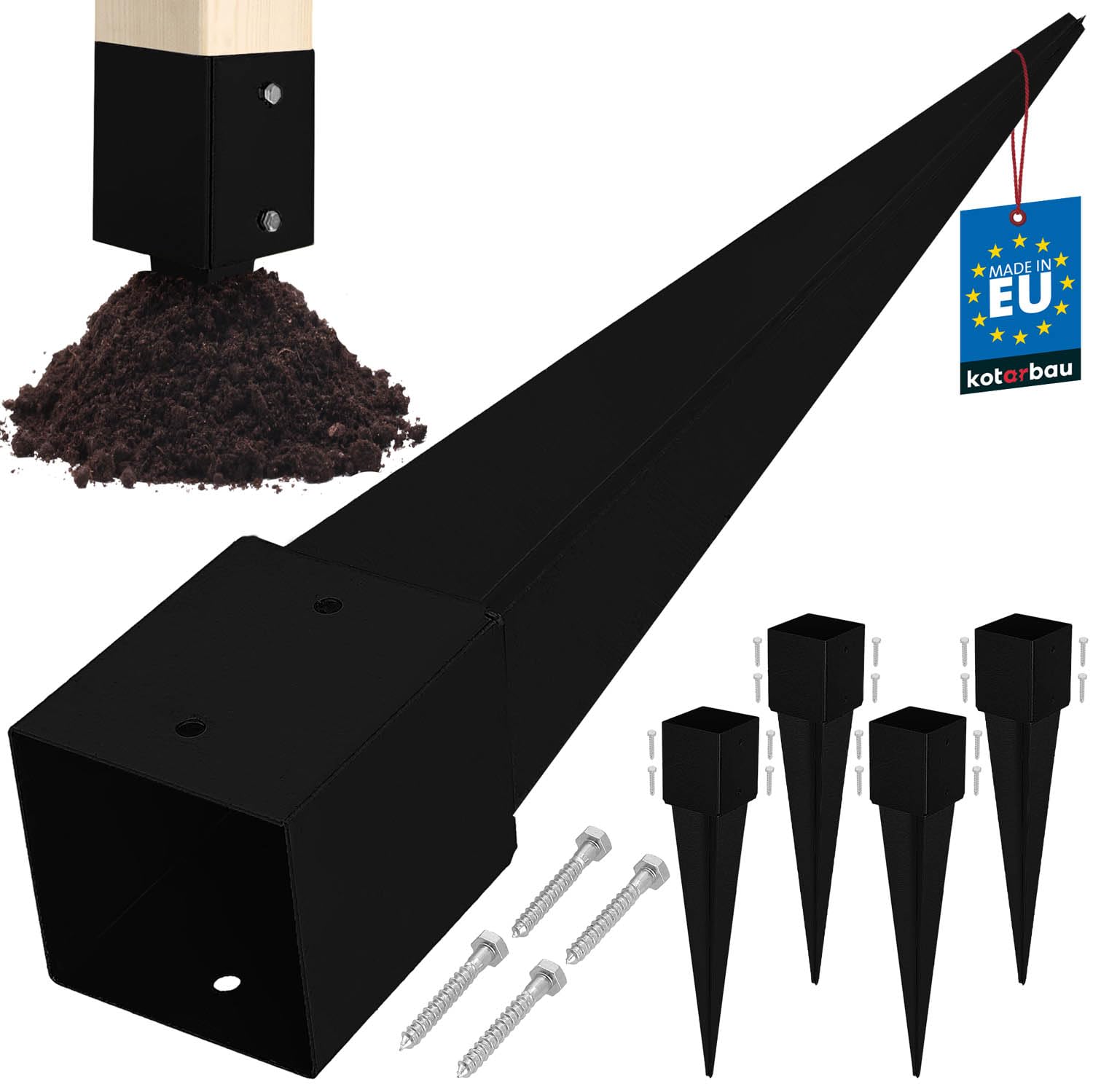 KOTARBAU® 4 STK. Pfostenträger Einschlagen 121x121x750mm verzinkt-pulverbeschichteter Stahl Einschlaghülse Erdanker Einschlagbodenhülse Gartenzaun Erdungsspieß Bodenanker Einschlaghülsen Holzpfosten