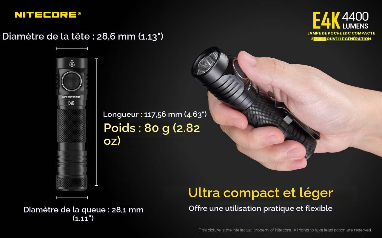 Nitecore E4K Lampe Torche - LED Ultra Puissante 4400 Lumens - Lumière Blanche - Lampe De Poche Étanche IP68 ([ Batterie Li-Ion 21700 USB C Rechargeable Inclus ])