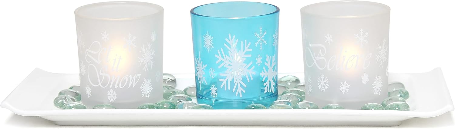 Elegant Designs HG5000-FBL Christmas Décor Winter Wonderland Decoration Frosted Glass Candle Set of 3 with Tray and Beads, Let it Snow Believe Blue Frost and White