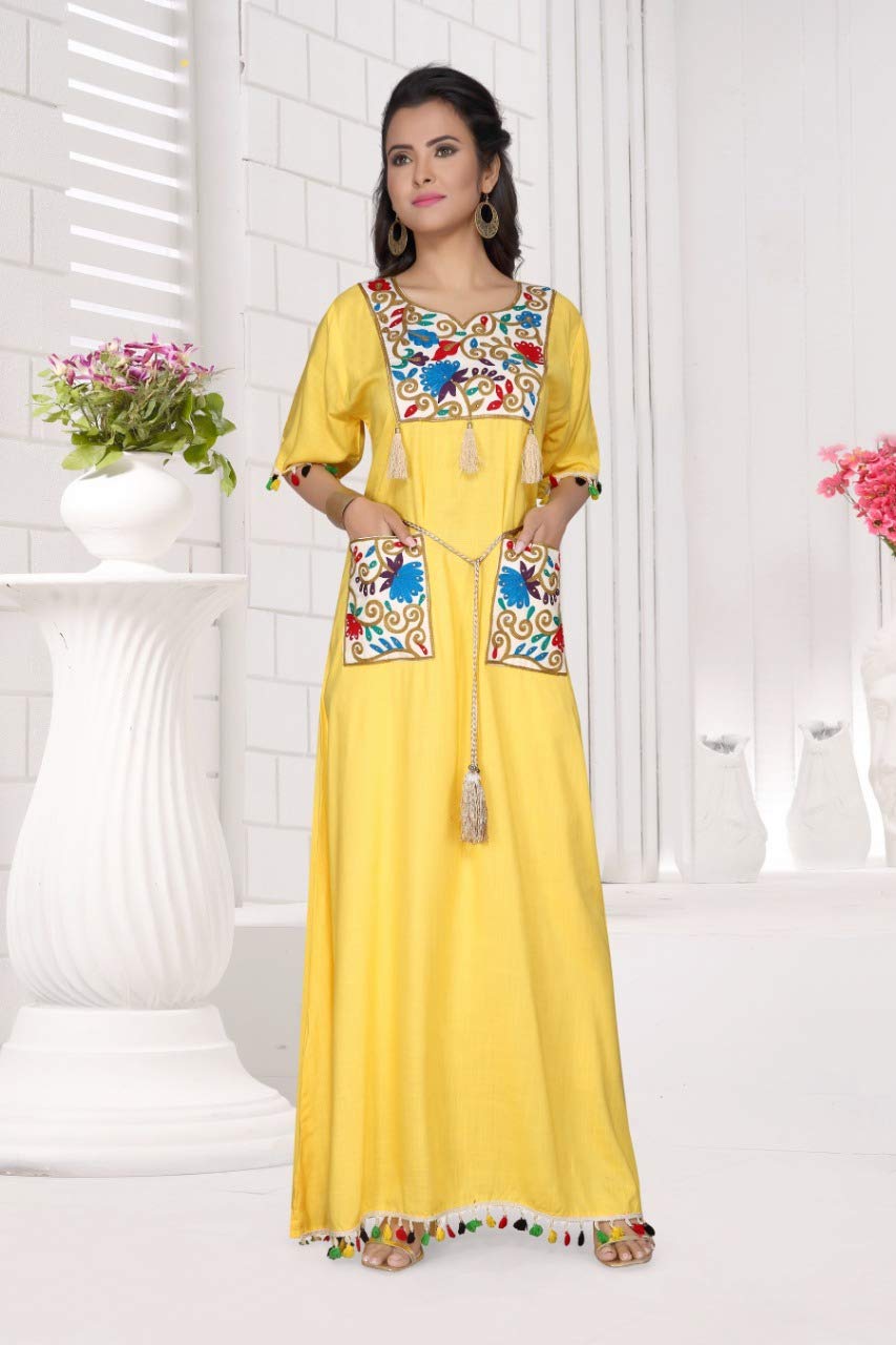 Yellow Long Kaftan with Floral design