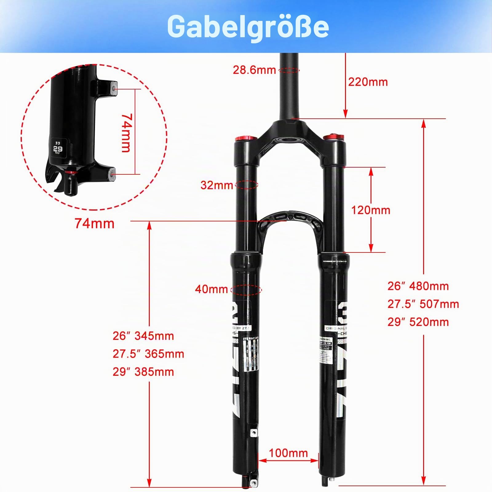 26/27,5/29 Zoll MTB-Doppel-Luftfedergabel, 1 1/8 gerader Rohrdurchmesser, 120 mm Federweg, Schnellspanner 9 mm × 100 mm, manuelle Sperre, leichte Vorderradgabel für XC/AM-Mountainbikes