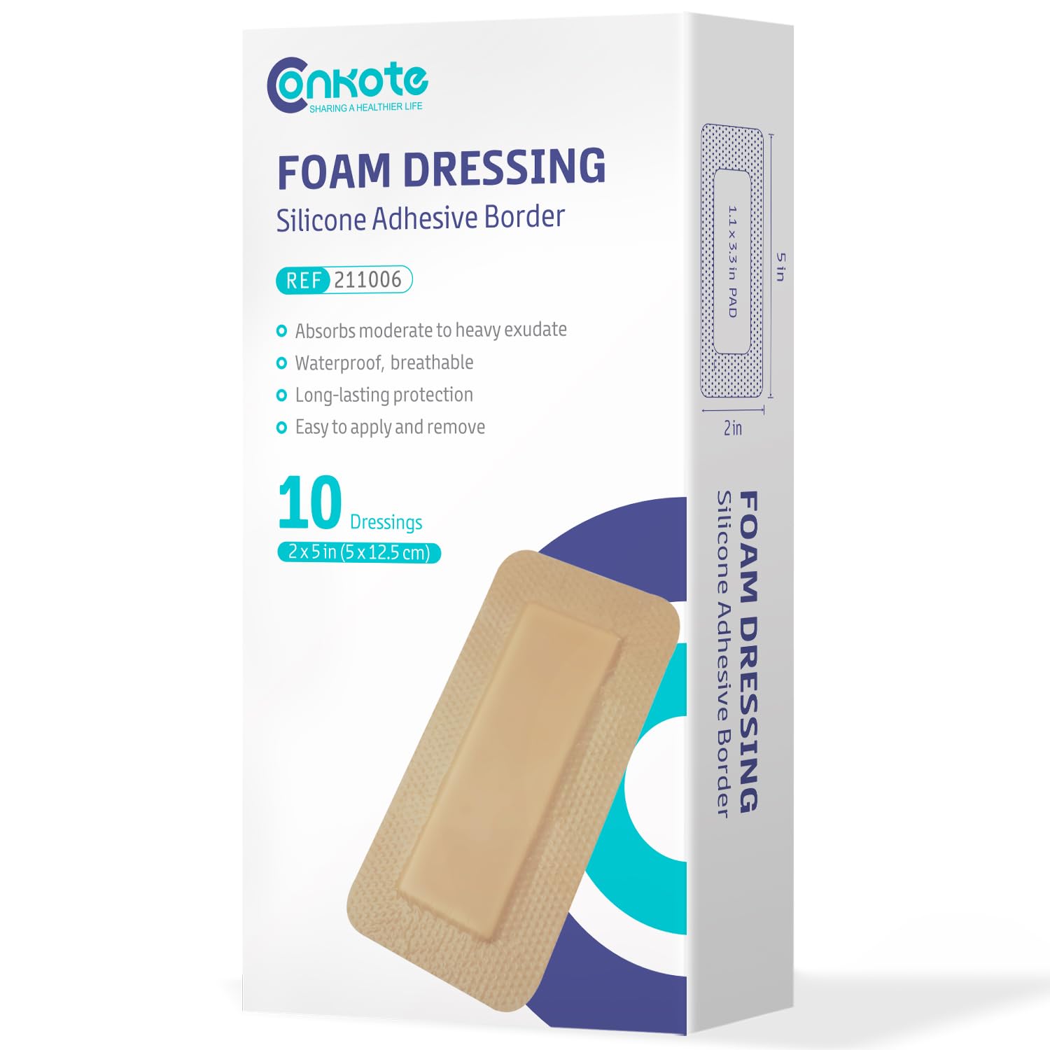 Conkote Silicone Bordered Foam Dressing 2‘’x 5‘’, Water-Resistant & Comfortable, Box of 10 Dressings
