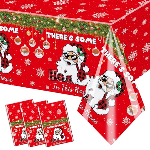 AIBIIN 3 Pcs Friendsmas Tablecloths There's Some Ho Ho Hos in This House Party Decorations Jolly Santa Christmas Table Covers Red Snowflake Tablecloth for Winter Holiday Friendsmas Party Decorations