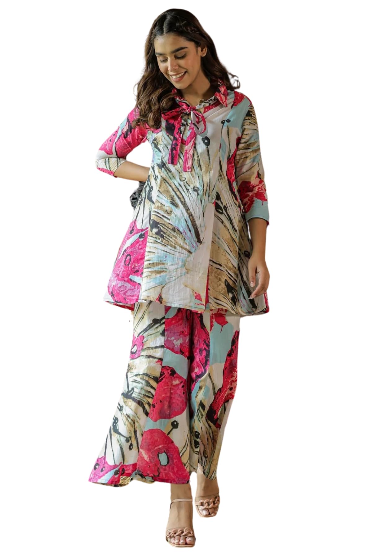 Leriya Fashion Women Ethnic Kurta Set | Rayon Co-Ord Set | Fancy Pajama Set | Pack Of 2 | Floral Printed Top & Pant Set | Full Pair Set | A-Line Kurta Set For Women (Medium, Pink)