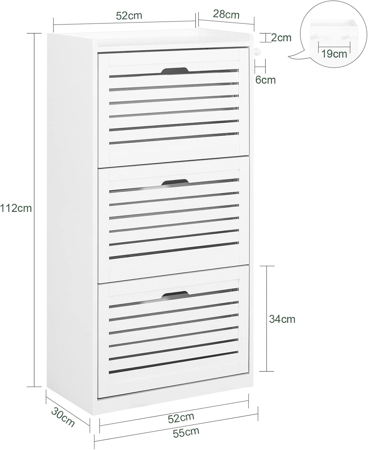 Diagram showing the dimensions of the SoBuy FSR108-W shoe cabinet: 112cm height, 55cm width, 30cm depth, with detailed drawer measurements.