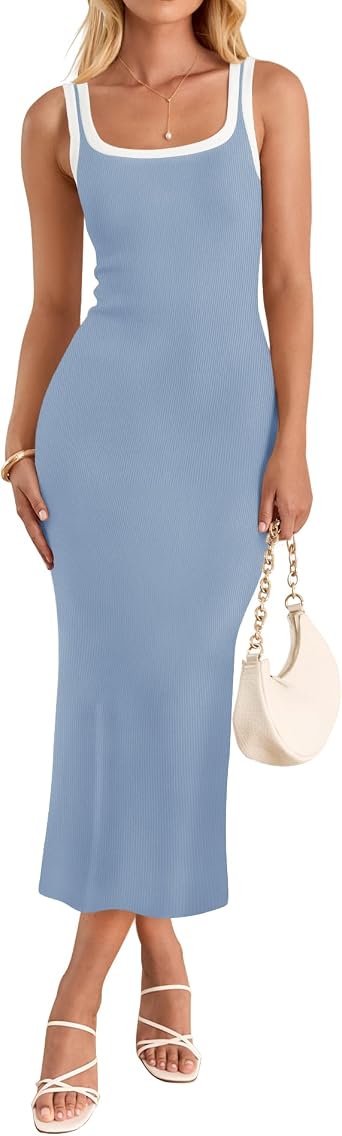 ZESICA Womens 2026 Summer Casual Sleeveless Bodycon Midi Dress | Square Neck, Side Slit, Ribbed Knit Long Tank Dresses, Bump Friendly, Maternity, Beach Vacation Baby Shower Date Night Outfit