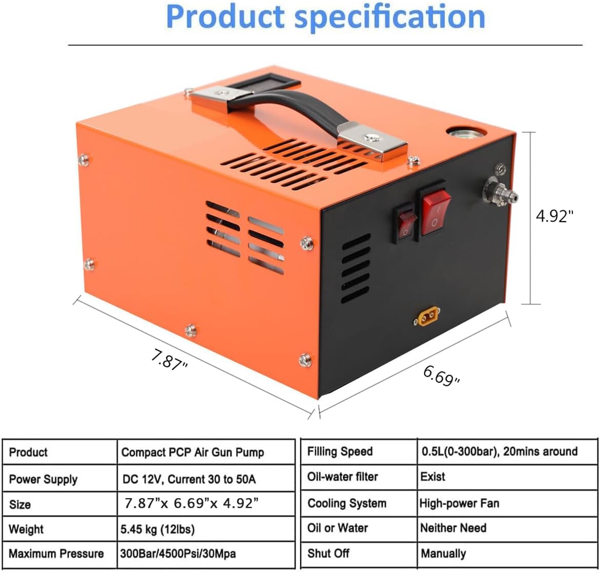 pcp air compressor, 4500psi portable oil-water separator esiccant pcp compressor, 12v dc/110v ac pcp airgun compressor, qf adapter, built-in fan, suitable for paintball, air rifle, scuba bottle