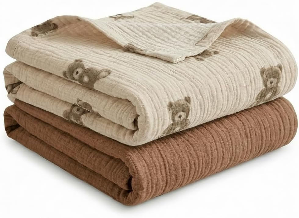 Muslin Swaddle Blankets for Boys Girls, 2 Pack Receiving Baby Blanket Large 47 x 40 inches, Soft Breathable Swaddling Wrap for Unisex Newborn (Bear, Brown)