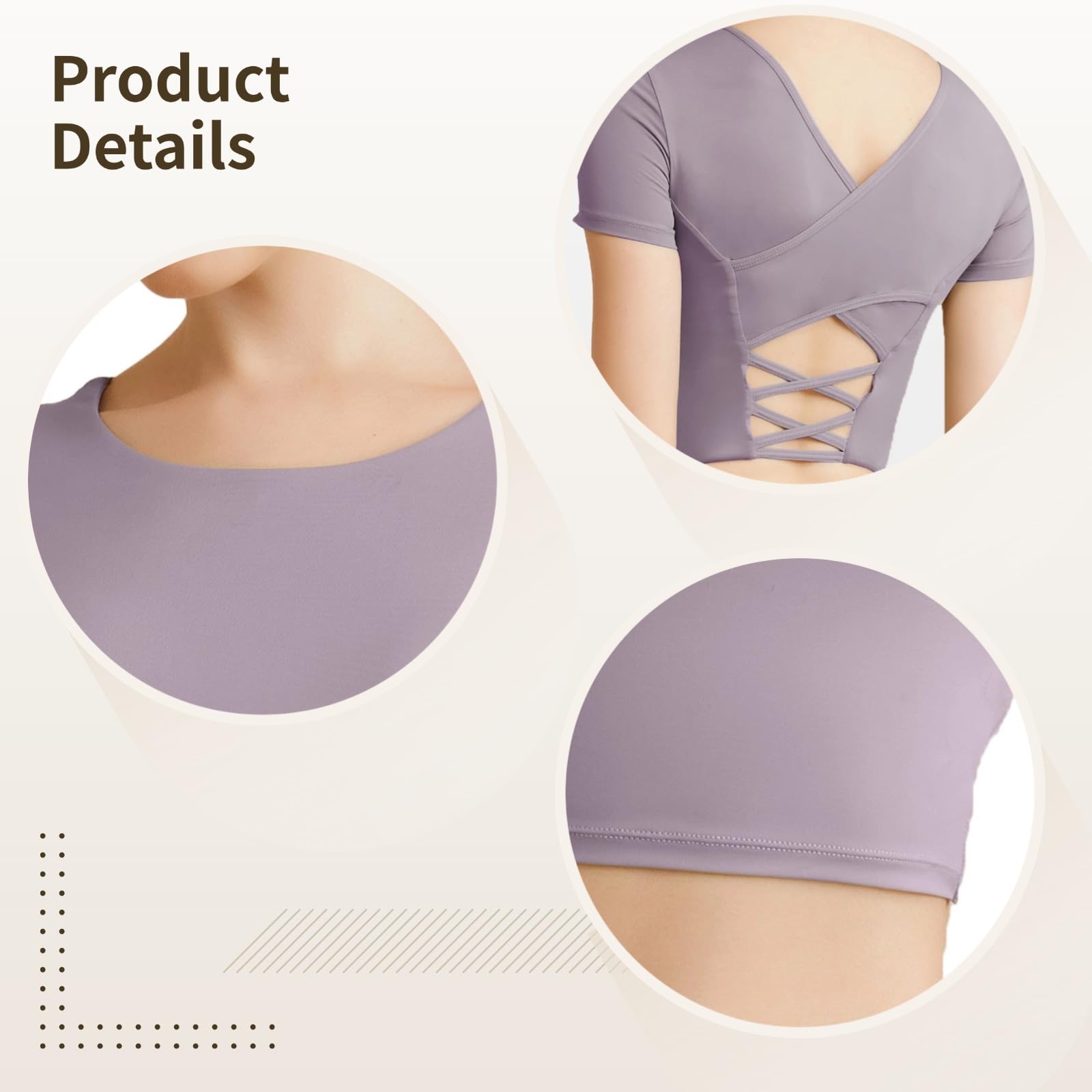 Haut de yoga à dos ouvert pour femme, soutien-gorge intégré, maillot de sport à manches courtes en nylon élasthanne pour un style de vie actif violet, violet, Taille unique