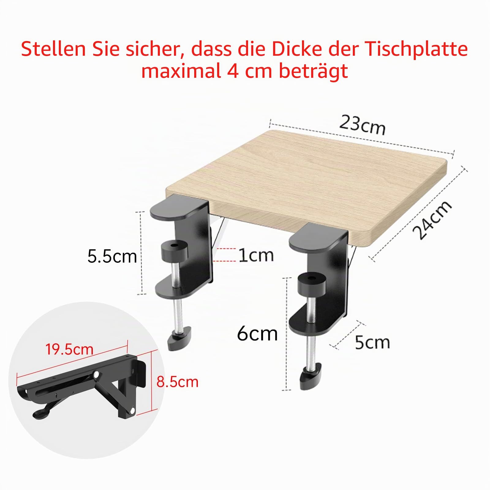 OUGIC Ergonomische Schreibtischverlängerung, 24 x 23 cm, stanzfreie Klemmung, faltbare Tastatur-Schublade, Tischhalterung, Armlehne, Ablage, Computer-Ellenbogen-Armstütze