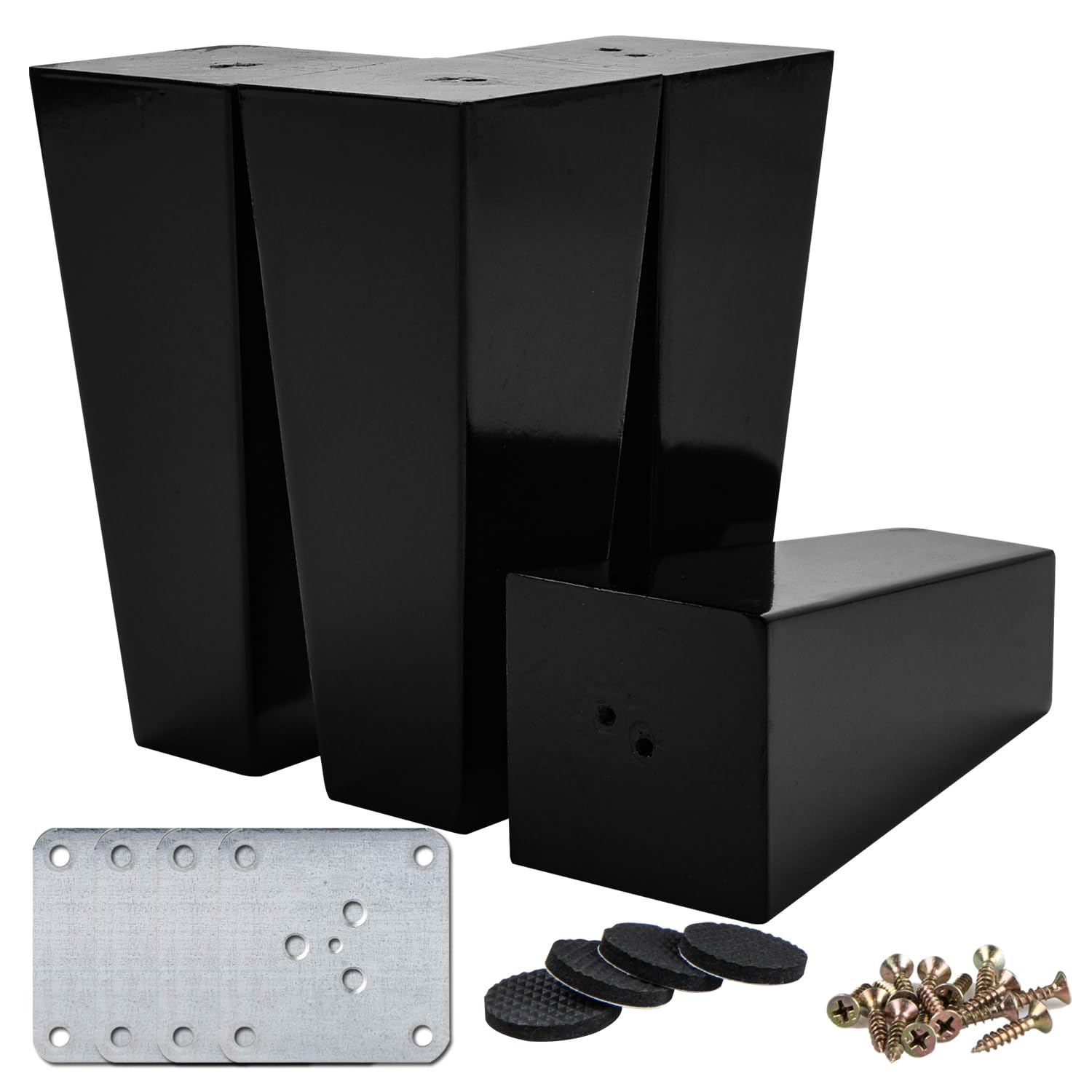 La Vane 4 inch / 10cm Wooden Furniture Legs, 4PCS Soild Wood Black Straight Legs Replacement Feet with Mounting Plate for Couch Sofa Cabinet Armchair