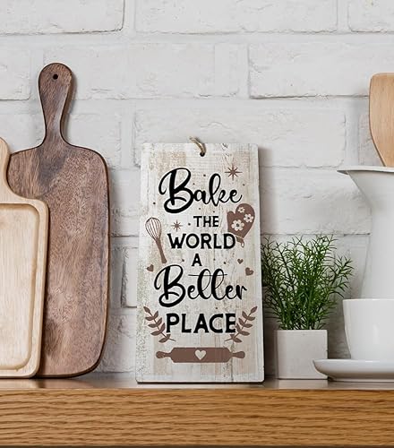 Miniatura 3 de YZEXEZY Letrero de horneado con texto en inglés "Bake the World a Better Place", 12 x 6 pulgadas, decoración de pared retro para panadería y café