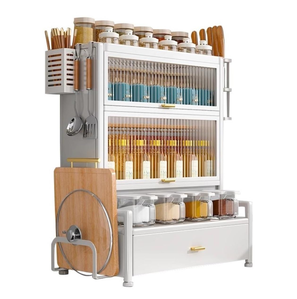 HADECOLL Kitchen Storage Rack 3-Tier Spice Rack With Lid Drawer Cutting Board Holder And Chopstick Holder Spice Storage Organizer For Kitchen Kitchen Cabinet Storage