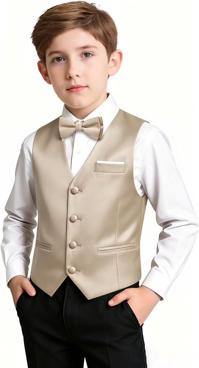 Hi-Tie Boys Vest Solid Suit Vest for Boy Tie Bowtie Pocket Square Cufflinks Lapel Pin Tie Clip Vests Kid 6-18 Years