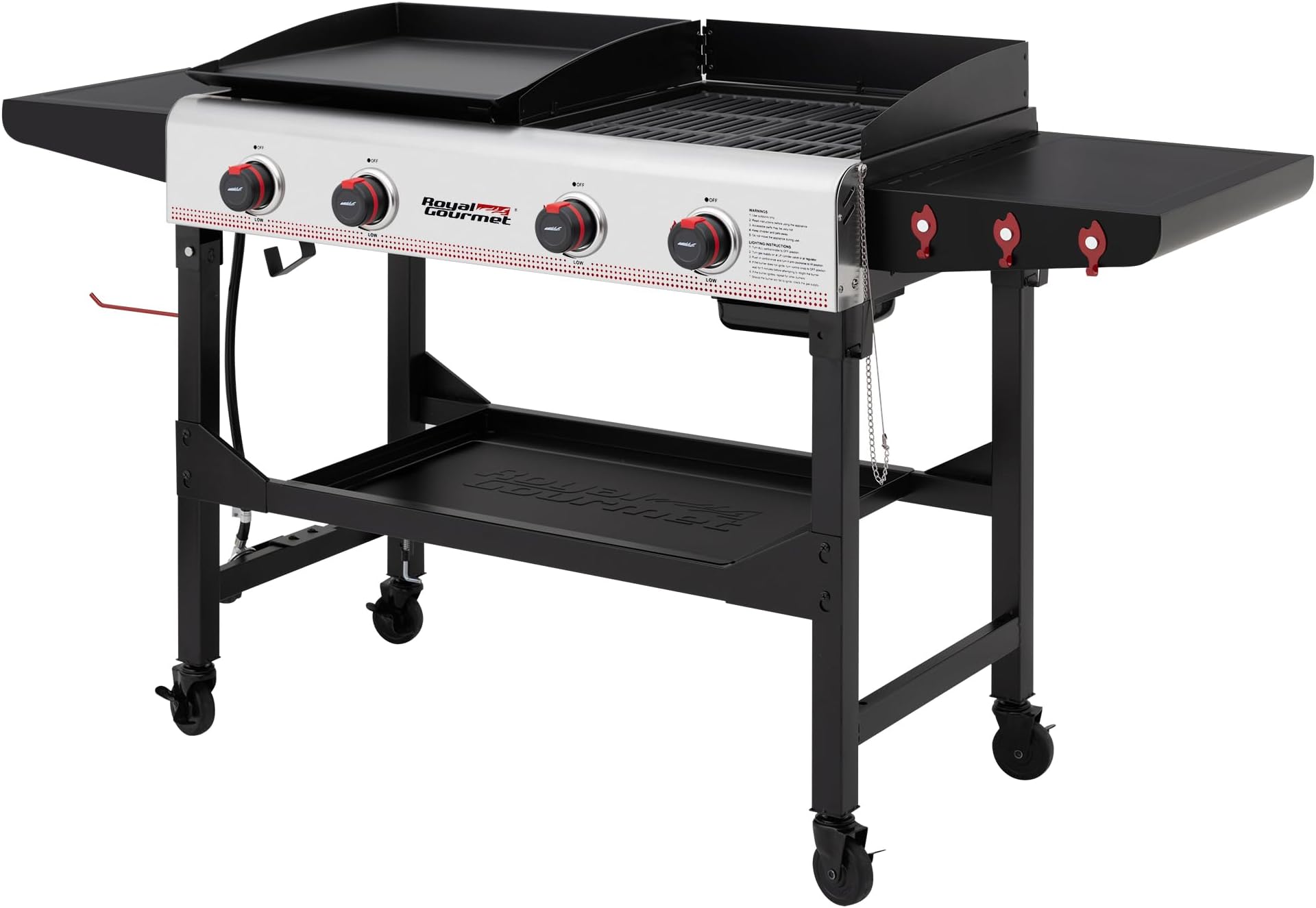 Royal Gourmet GD403 4-Burner Propane Gas Grill and Griddle Combo with Folding Legs, 48,000 BTUs, Portable Griddle Grill Combo for Outdoor Cooking While Camping or Tailgating, Black & Silver