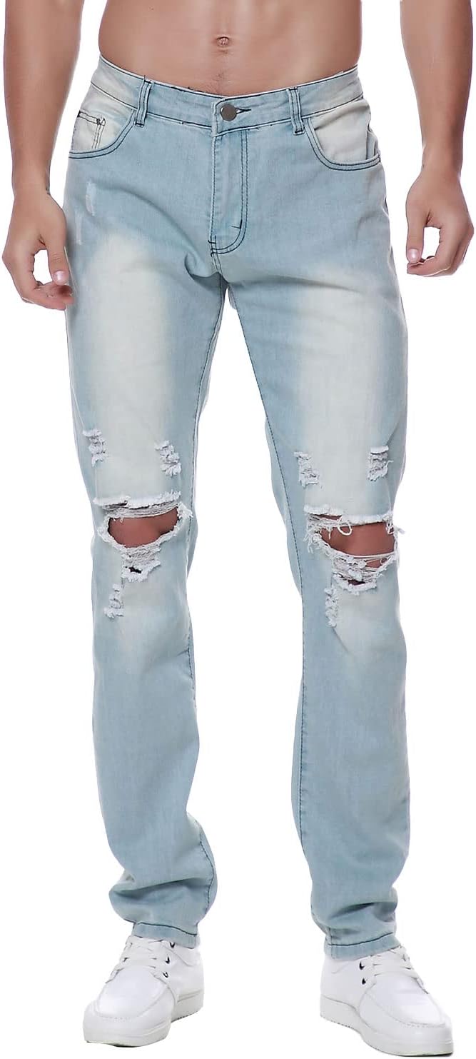 Previn Men's Ripped Denim Jeans Distressed Slim Trousers Destroy Holes Stretch Biker Pants - Image 2