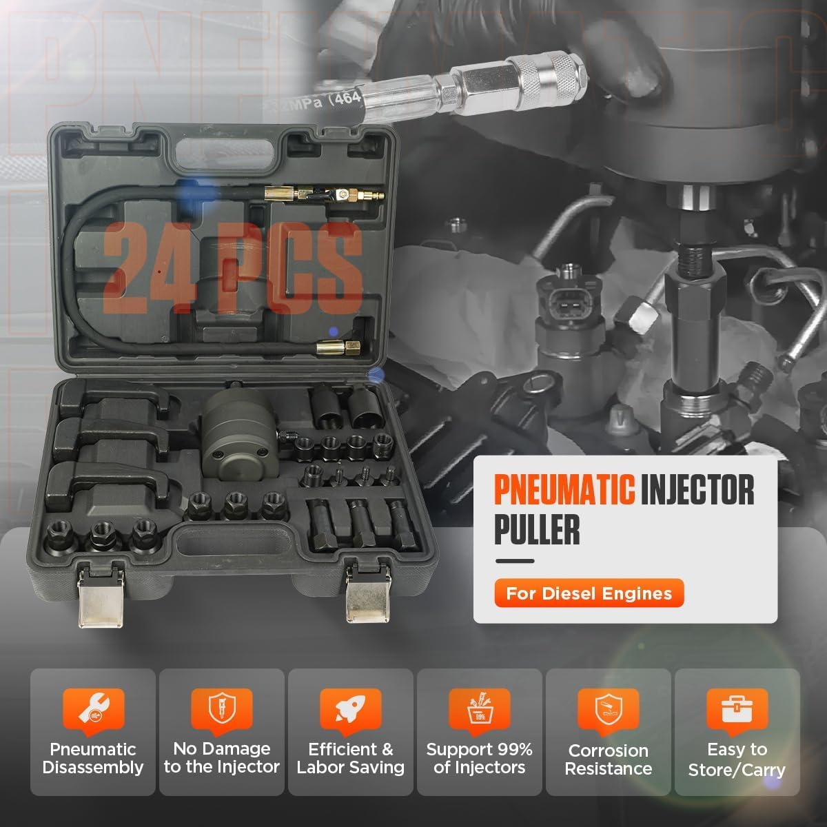 HEYOUTH 24pezzi Estrattore iniettori Diesel,Estrattore per Iniettori Pneumatici Estratto per Iniettori Diesel Set Rimozione degli,con Adattatori,per Motori Diesel Estrattore