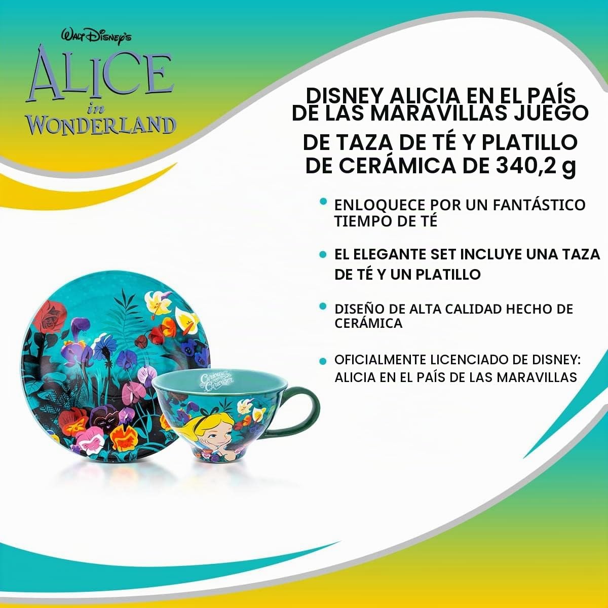 Disney Alicia en el país de las maravillas - Juego de taza de té y platillo de cerámica de 12 onzas | Juego de regalo para fiesta de té para café, espresso, moca, latte | Bonitos regalos y