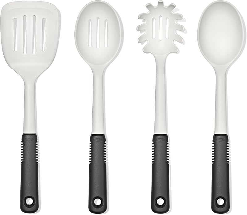Good Grips Juego de utensilios de cocina de nailon de 4 piezas, avena, juego de utensilios de cocina diseñado para proteger los utensilios de cocina antiadherentes