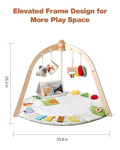 Miniatura 9 de Alfombra de juego de madera para el gimnasio y el tiempo boca abajo, tapete de actividad sensorial Montessori con 6 juguetes de desarrollo para