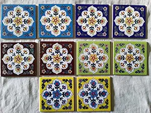 Anchal Art and Craft Blue Pottery Home Decorative Ceramic Handmade Tiles,Furniture, Table top,Flooring Tiles (4 - 4) Pack of 10 - Tiles.