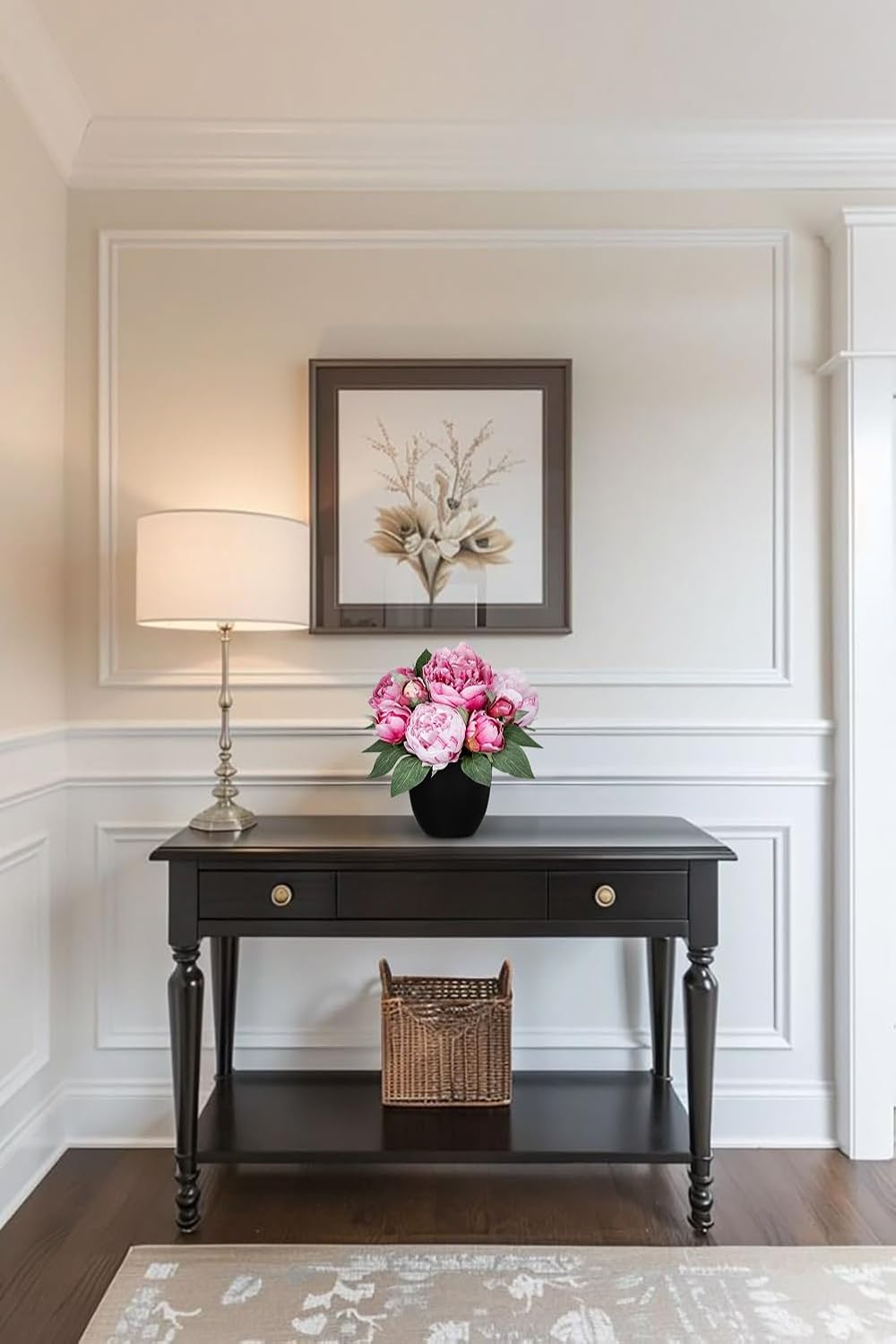 Briful Peony Artificial Flowers in Black Pot, Realistic Fake Silk Flowers Faux Floral Arrangements for Table Centerpiece Home Office Bathroom Decor (Peach Pink)