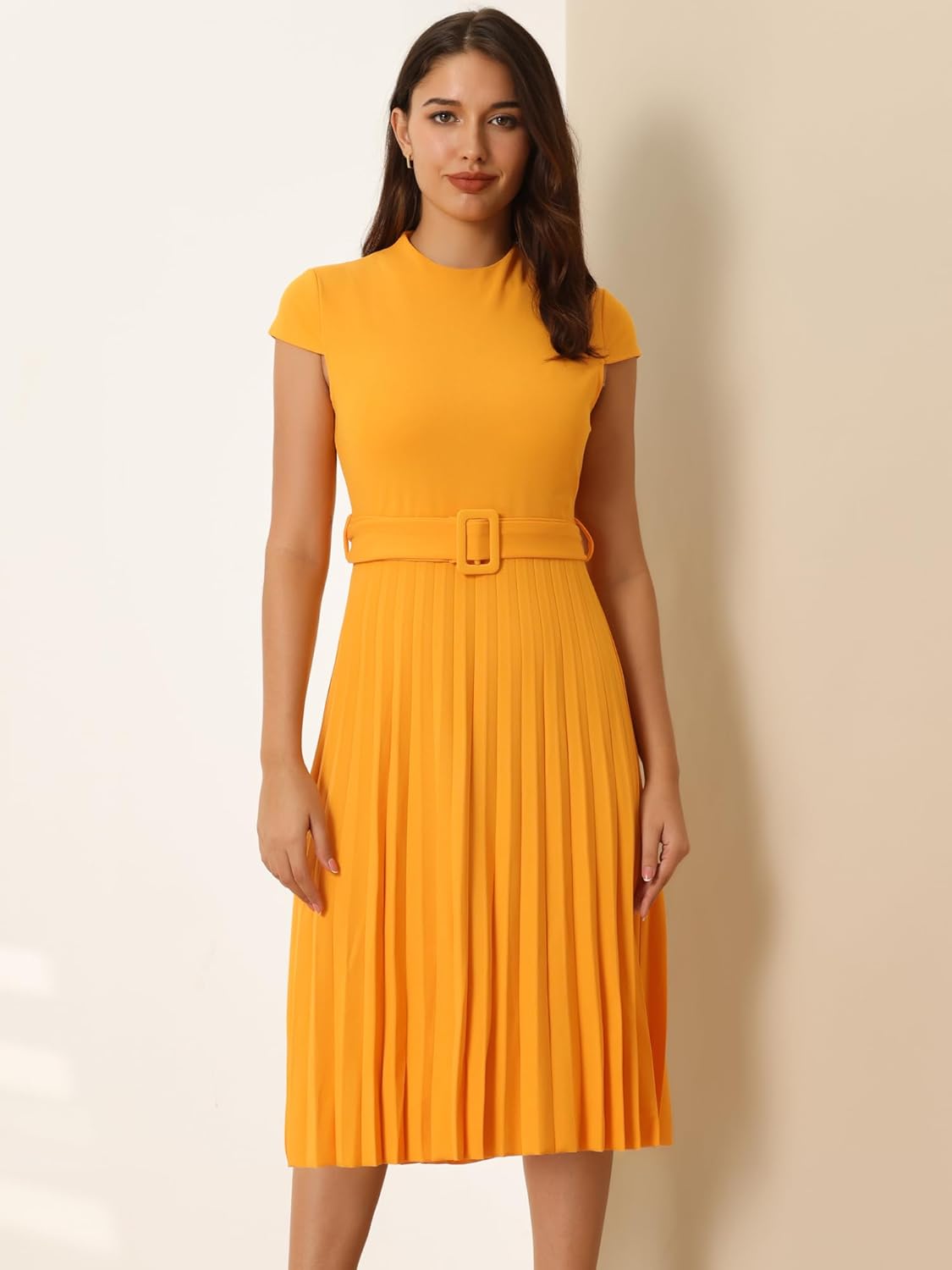 Women's Pleated Dress Mock Neck Cap Sleeve Belted A-Line Dresses - Image 2