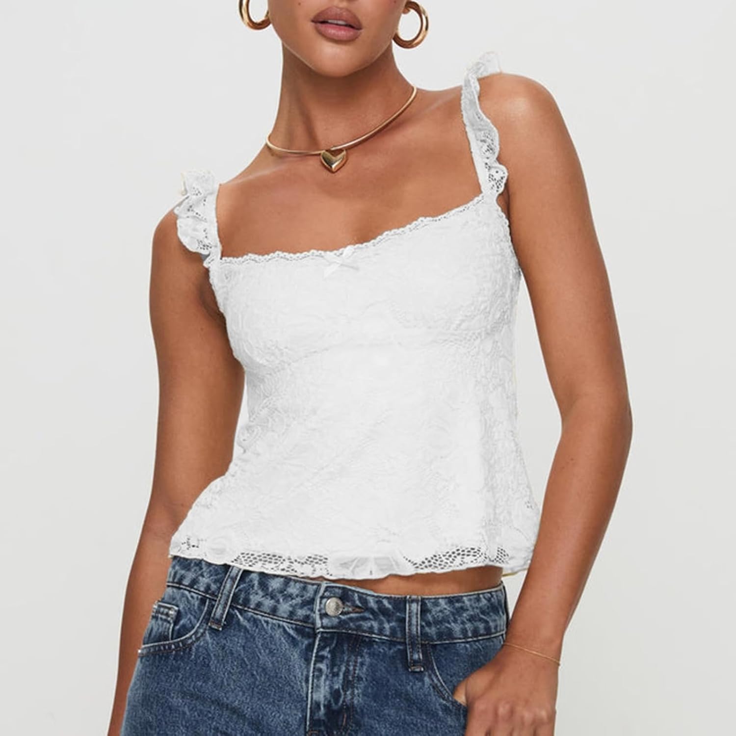 Women Y2k Lace Floral Tank Top Sleeveless Low Cut Square Neck Ruffled Backless Camisole Summer Going Out Crop Top (White, S) - Image 2