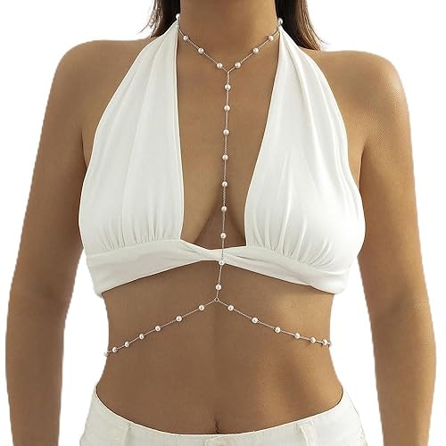 Denifery Brasier bohemio con cadena de perlas, collar de cadena larga sexy, arnés cruzado con cuentas en el pecho, cadena de cintura de bikini de