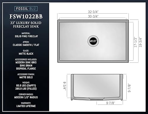 Miniatura 6 de FSW1022BB - Fregadero de lujo de 33 pulgadas, color negro mate, acceso dorado mate, frente plano